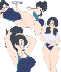 1girl absurdres armpits arms_up ass black_hair blue_eyes breasts cleavage clothes_lift competition_swimsuit covered_erect_nipples covered_navel dragon_ball dragonball_z female_focus goggles groin hazama_null head_rest high_ponytail highres large_breasts legs looking_at_viewer lying motion_lines multiple_views on_side one-piece_swimsuit parted_lips ponytail shirt shirt_lift simple_background smile standing stretching swimsuit swimsuit_under_clothes thighs twintails tying_hair videl white_background white_shirt