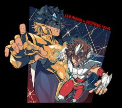Rule 34 | 2boys, armor, aura, blonde hair, bodysuit, breastplate, cape, character name, clenched hand, clenched teeth, fighting stance, forehead jewel, full body, gauntlets, glint, gold armor, gold cloth, gold helmet, gold saint, hand up, kinako (462), leo aiolia, male focus, mind control, multiple boys, pegasus ryusei ken, pegasus seiya, powering up, raised fist, red bodysuit, red eyes, red unitard, saint seiya, short hair, sleeveless, sleeveless bodysuit, sparkle, star (sky), teeth, unitard, v-shaped eyebrows, white cape