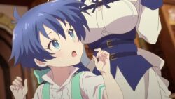1boy 1girl animated apron audible_speech belt blue_apron blue_eyes blue_hair blush breast_rest breasts chair closed_mouth dress english_audio eyebrows_hidden_by_hair feet_out_of_frame green_overalls hair_between_eyes kneehighs large_breasts leg_grab lloyd_de_saloum long_hair looking_at_viewer maid maid_apron overalls ponytail shirt short_hair simple_background sitting sitting_on_lap sitting_on_person smile socks sound sylpha_(dai_nana_oji) tagme tensei_shitara_dai_nana_oji_datta_no_de:_kimama_ni_majutsu_o_kiwamemasu thick_thighs thighs very_long_hair video white_dress white_headdress white_shirt white_socks