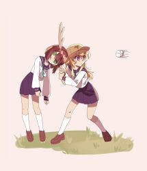 2girls :3 absurdres antlers aqua_neckerchief ball baseball baseball_(object) baseball_cap blonde_hair blue_sailor_collar blue_skirt blush bob_cut brown_footwear carrying carrying_person closed_mouth collared_shirt commentary deer_antlers deer_girl dress_shirt empty_eyes english_commentary fennidraw grass green_eyes hair_over_shoulder hanging hat highres horns kneehighs koshi_torako light_frown long_hair long_sleeves looking_at_object motion_lines multiple_girls neckerchief outdoors pink_background playing_sports pleated_skirt purple_eyes sailor_collar school_uniform serafuku serious shikanoko_noko shikanoko_nokonoko_koshitantan shirt short_hair skirt smile socks v-shaped_eyebrows white_shirt white_socks yellow_hat