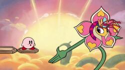 1girl animated audible_music blush_stickers cagney_carnation colored_skin commentary_request cuphead_(game) ddddndn dreamstalk heart hypernova_kirby kirby kirby:_triple_deluxe kirby_(series) looking_at_another music nintendo pink_skin plant purple_eyes queen_sectonia sound sunrise tagme video vines