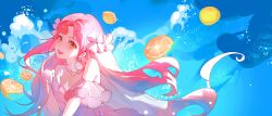 Rule 34 | absurdres, artist request, bare shoulders, bars, blue sky, brown eyes, chinese commentary, choker, collarbone, commentary request, day, detached sleeves, dress, eyelashes, floating hair, food, fruit, fur-trimmed sleeves, fur trim, happy, head tilt, highres, lemon, light particles, lipstick, long dress, long hair, looking at viewer, makeup, nikki (nikki), nikki (series), ocean, open mouth, outdoors, pink dress, pink hair, pink sleeves, pointing, pointing at self, red lips, second-party source, shining nikki, short sleeves, sidelocks, sky, smile, star-filled rainbow (shining nikki), strapless, strapless dress, teeth, upper teeth only, very long hair, waves, white choker, wide sleeves, wind