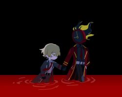 1boy 1other black_background black_pants black_shirt blonde_hair blood clock coat collared_shirt dante_(limbus_company) dress_shirt flaming_head grey_coat hand_in_pocket highres holding_hands limbus_company necktie object_head pants pool_of_blood project_moon red_coat red_necktie shirt sinclair_(project_moon) south_ac wading walking white_shirt yellow_eyes