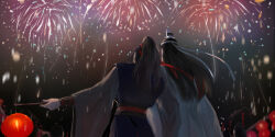 2boys black_hair black_hanfu black_sash chinese_clothes commentary_request cowboy_shot fireworks from_behind hair_ribbon hanfu headband high_ponytail holding holding_lantern lan_wangji lantern long_hair long_sleeves male_focus modao_zushi multiple_boys night outdoors paper_lantern ponytail red_ribbon ribbon sash topknot wei_wuxian white_hanfu white_headband wide_sleeves xianduguaitan xiao_guan_(headdress)