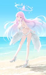 1girl arms_behind_back bare_arms bare_legs bare_shoulders bikini blue_archive blush breasts cleavage closed_mouth commentary_request daran9 feathered_wings halo high_heels highres holding_own_arm large_breasts long_hair looking_at_viewer low_wings mika_(blue_archive) mika_(swimsuit)_(blue_archive) navel pink_hair pink_halo shoes smile solo stomach swimsuit toes white_bikini white_shoes white_wings wings yellow_eyes