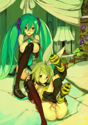 2girls anus aqua_hair ass belt between_breasts black_thighhighs blonde_hair blush bow breasts clothes_lift cum fakepucco female_masturbation flower hair_ribbon hatsune_miku headset kagamine_rin lamp large_breasts loli long_hair lying masturbation multiple_girls necktie on_back panties cougar puma_(brand) pussy pussy_juice ribbon shirt_lift short_hair shorts sitting skirt smile sweat thighhighs twintails uncensored underwear undressing very_long_hair vocaloid white_panties