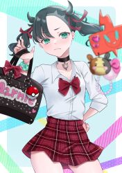 1girl bag black_choker black_hair bow bowtie choker commentary ditto gen_1_pokemon gen_4_pokemon gen_8_pokemon green_eyes gyaru hair_ribbon highres holding holding_bag looking_at_viewer marnie_(pokemon) miniskirt morpeko morpeko_(full) nintendo plaid_clothes plaid_skirt poke_ball poke_ball_(basic) pokemon pokemon_swsh red_bow red_bowtie red_ribbon revision ribbon rotom rotom_phone school_bag school_uniform serafuku shirocat_0121 shirt skirt solo transformed_ditto twintails white_shirt