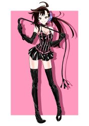 Rule 34 | 1girl, absurdres, ahoge, aomidori96, black boots, black corset, black gloves, black skirt, bondage outfit, boots, breasts, brown eyes, brown hair, cat o&#039; nine tails, choker, corset, dominatrix, drop shadow, elbow gloves, full body, gloves, hair ornament, hairclip, half-closed eyes, highres, looking at viewer, low ponytail, medium breasts, nisekoi, onodera haru, pink background, ponytail, skirt, smile, solo, thigh boots, two-tone background, whip, white background