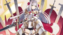 1girl armor black_shorts blunt_bangs braid breastplate faulds flower gauntlets genshin_impact green_eyes grey_hair hair_flower hair_ornament highres holding holding_sword holding_weapon huge_weapon kei_myoho light_smile long_hair looking_at_viewer noelle_(genshin_impact) red_flower red_rose rose shorts skindentation solo sword thigh_strap weapon