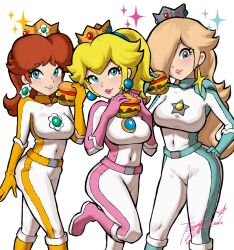 3girls aqua_belt aqua_bodysuit aqua_bodysuit aqua_boots aqua_eyes aqua_gloves aqua_scarf ass belt biker_clothes biker_daisy biker_peach biker_rosalina bikesuit blonde_hair blue_brooch blue_eyes bodysuit boots breasts brooch brown_hair burger crown earrings flipped_hair flower_brooch flower_earrings food gloves hair_over_one_eye hand_on_own_hip highres holding holding_food jewelry knee_boots kneehighs large_breasts long_hair mario_(series) mario_kart medium_hair multiple_girls nintendo official_alternate_costume one_eye_covered orange_belt orange_bodysuit orange_boots orange_gloves orange_scarf parted_bangs pink_belt pink_bodysuit pink_bodysuit pink_boots pink_gloves pink_scarf ponytail princess_daisy princess_peach racing_suit rosalina scarf socks sphere_earrings star_(symbol) star_brooch star_earrings toggy_keiichi two-tone_bodysuit white_bodysuit