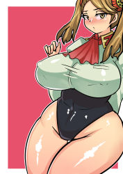 10s 1girl absurdres breasts brown_eyes brown_hair curvy covered_erect_nipples female_focus gundam gundam_build_fighters gundam_build_fighters_try hair_ornament highres huge_breasts looking_at_viewer sazaki_kaoruko solo thick_thighs thighs twintails wide_hips zxc