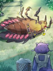 Rule 34 | 1girl, animal focus, apron, back, basket, blue hair, bug, cicada, dead animal, dragon girl, dragon horns, dragon tail, duel monster, giant insect, grass, hatano kiyoshi, highres, horns, insect, laundry basket, laundry dragonmaid, looking at animal, maid, maid apron, number 3 cicada king, solo, tail, wa maid, yellow eyes, yu-gi-oh!