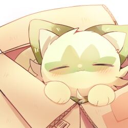 :3 blush box closed_eyes closed_mouth commentary_request facing_viewer highres in_box in_container nintendo pokemon pokemon_(creature) simple_background smile solo sprigatito white_background yupo_0322