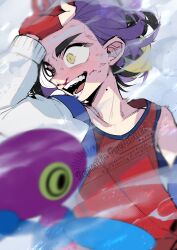 Rule 34 | 1boy, absurdres, black hair, blood, blood on face, blurry, collarbone, depth of field, gen 4 pokemon, gloves, hei tai (kyaputen1), highres, jacket, kieran (pokemon), male focus, multicolored hair, nintendo, off shoulder, open clothes, open jacket, open mouth, partially fingerless gloves, pokemon, pokemon (creature), pokemon sv, porygon-z, purple hair, red gloves, red shirt, shirt, sleeveless, sleeveless shirt, smoke, teeth, tongue, two-tone hair, watermark, white jacket, yellow eyes