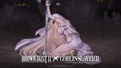 1girl 6+boys absurdres armpits balance_scale blindfold blonde_hair breasts brown_dust_(series) brown_dust_2 copyright_name elbow_gloves from_side full_body gloves goblin goblin_slayer! highres holding holding_sword holding_weapon imminent_gangbang imminent_rape kneeling large_breasts lips long_hair multiple_boys official_art official_wallpaper open_mouth robe sandals sideboob solo sword sword_maiden veil very_long_hair weapon weighing_scale white_gloves white_robe white_veil yellow_sandals