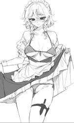 1girl apron back_bow bare_shoulders bikini bikini_under_clothes blush bow braid breasts closed_mouth clothes_lift collarbone commentary covered_erect_nipples cowboy_shot dress dress_lift frilled_apron frilled_dress frilled_sleeves frills front-tie_bikini_top front-tie_top greyscale groin hair_bow halterneck highres holster izayoi_sakuya large_breasts looking_down maid maid_apron maid_headdress monochrome nose_blush puffy_short_sleeves puffy_sleeves sarukana short_hair short_sleeves side-tie_bikini_bottom sketch small_sweatdrop solo standing swimsuit thigh_holster touhou twin_braids waist_apron white_background wrist_cuffs