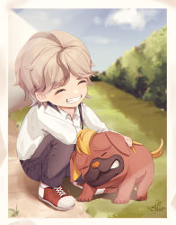 1boy absurdres aged_down arven_(pokemon) blush border brown_hair closed_eyes collared_shirt commentary_request day grass grin hedge highres kabu_usagi male_focus maschiff nintendo outdoors pants pokemon pokemon_(creature) pokemon_sv shirt shoes signature smile sneakers squatting suspenders teeth white_border white_shirt