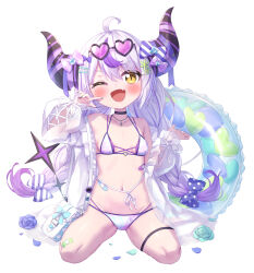 1girl ;d absurdres ahoge bikini black-framed_eyewear blue_bow blue_flower blue_rose blush bow braid brown_eyes commentary_request demon_horns diagonal-striped_bow flower full_body grey_hair groin hair_between_eyes hair_bow hair_ornament hairclip heart heart-shaped_eyewear highres hololive horns innertube la+_darknesss layered_bikini long_hair low_twintails masaki_(msk064) multicolored_hair navel one_eye_closed open_mouth petals pink-tinted_eyewear polka_dot polka_dot_bow purple_bikini purple_hair rose rose_petals seiza simple_background sitting smile solo streaked_hair swim_ring swimsuit tinted_eyewear twin_braids twintails very_long_hair virtual_youtuber white_background white_bikini