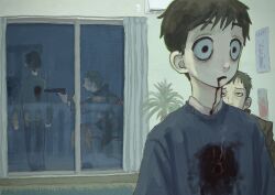 2boys absurdres air_conditioner bags_under_eyes black_eyes blood blood_from_mouth blood_on_clothes blue_sweater brown_coat brown_hair coat constricted_pupils death empty_eyes furrowed_brow glass_door gun gunshot_wound guro handgun highres holding holding_gun holding_weapon house_plant indoors injury long_sleeves looking_ahead looking_at_another multiple_boys murder night original reflection rug short_hair sitting smoke smoking_barrel standing suppressor sweater ueotto weapon wide-eyed