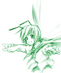 Rule 34 | 1girl, 2000s (style), antennae, cape, collared shirt, commentary request, green theme, long sleeves, looking at viewer, mei (artist), open mouth, outstretched arms, shirt, short hair, simple background, solo, spread arms, touhou, upper body, wriggle nightbug