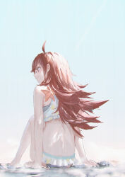 1girl beach highres idolmaster idolmaster_shiny_colors komiya_kaho long_hair ocean red_eyes red_hair reoen sand sitting skirt sky smile solo water white_skirt
