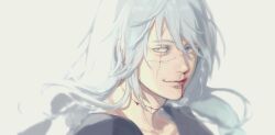 1boy bishounen blood blue_eyes blue_hair closed_mouth heterochromia jujutsu_kaisen long_hair mahito_(jujutsu_kaisen) male_focus messy_hair nonockha nosebleed portrait simple_background solo stitched_arm stitched_face stitched_neck stitches white_background yellow_eyes