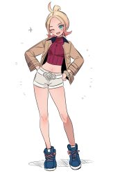 Rule 34 | 1girl, ;d, absurdres, blonde hair, blue eyes, blue shoes, bracelet, breasts, brown jacket, commentary, cropped shirt, ebi (shrimp eleven), eyelashes, full body, hands on own hips, highres, jacket, jewelry, knees, navel, nintendo, one eye closed, open mouth, pokemon, pokemon legends: z-a, red shirt, ribbed shirt, shirt, shoes, short shorts, shorts, smile, solo, sparkle, standing, taunie (pokemon), teeth, upper teeth only, white background