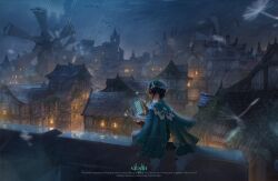 1boy 3d black_hair braid building cape capelet cecilia_flower_(genshin_impact) cloud dark_clouds dionapink english_text european_architecture flower genshin_impact green_cape green_capelet green_hat hat hat_flower highres holding holding_instrument holding_lyre house instrument lyre mondstadt_city night night_sky overcast rain rooftop short_hair sky solo storm tile_roof venti_(genshin_impact) white_flower wind windmill window_light