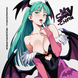 1girl aqua_eyes aqua_hair artist_name bare_shoulders black_leotard breasts bridal_gauntlets cleavage clothing_cutout collarbone commentary covered_navel darkstalkers demon_wings elbow_gloves english_commentary finger_to_tongue gloves head_wings heart_cutout large_breasts leotard light_blush looking_at_viewer low_wings mixed-language_commentary morrigan_aensland open_mouth pantyhose patreon_username pink_gloves pink_pantyhose simple_background solo soyiamchan teeth twitter_username upper_body upper_teeth_only white_background wings