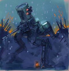 Rule 34 | artillery, atmospheric perspective, birdymp4, blue theme, brush stroke, cannon, cat, color contrast, commentary, english commentary, glowing animal, haze, horizon, icicle, jpeg artifacts, machinery, mecha, mecha focus, no humans, non-humanoid robot, original, outdoors, painterly, projectile trail, reverse-jointed legs, robot, science fiction, snow, snowing, standing, walker (robot), winter