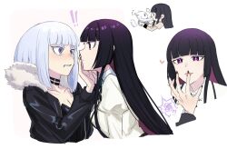 Rule 34 | !?, 2girls, animalization, aoki shizumi, black choker, black jacket, black nails, choker, closed mouth, commentary, covering another&#039;s mouth, dress, fur-trimmed jacket, fur trim, hand blush, hand over another&#039;s mouth, hashtag-only commentary, heart, highres, jacket, juliet sleeves, kurogane otoha, licking, licking finger, long sleeves, medium hair, multiple girls, puffy sleeves, purple eyes, purple hair, ringed eyes, rock wa lady no tashinami deshite, school uniform, shiraya tamaki, simple background, spoken squiggle, squiggle, sweat, thick eyelashes, white background, white dress, white hair, yuri