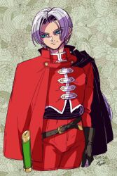 Rule 34 | 1boy, 2019, aqua eyes, belt, black bow, black cape, black gloves, bow, cape, commentary request, cowboy shot, dated, dragon quest, dragon quest viii, earrings, gloves, gold earrings, green background, hair bow, hoop earrings, jewelry, kukuru (dq8), looking to the side, low ponytail, male focus, nishizawa ichiya, pants, parted hair, ponytail, red cape, red pants, red shirt, sheath, shirt, smirk, solo, two-sided cape, two-sided fabric, white hair