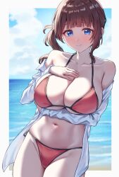 1girl arm_under_breasts bikini blue_eyes blue_sky blunt_bangs blush border breasts brown_hair cleavage closed_mouth cloud cloudy_sky commentary_request highres horizon kadokadokado large_breasts long_hair long_sleeves looking_at_viewer mochizuki_honami navel nose_blush ocean open_clothes open_shirt outside_border pink_bikini project_sekai shirt side_ponytail sky solo stomach swimsuit thighs white_border white_shirt