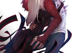 1boy 1girl bandaged_arm bandages blonde_hair blood blood_on_clothes blood_on_hands breasts commentary_request dark_sakura denim denim_shorts dress emiya_shirou fate/stay_night fate_(series) highres hug impaled kamo_0707 large_breasts matou_sakura red_hair shorts striped_clothes striped_dress