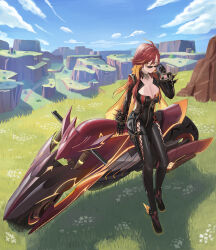 1girl absurdres ahoge biker_clothes bikesuit black_bodysuit blue_sky bodysuit breasts canyon cleavage cloud cloudy_sky full_body genshin_impact high_heels highres large_breasts mavuika_(genshin_impact) motor_vehicle motorcycle multicolored_eyes multicolored_hair orange_eyes orange_hair red_eyes red_hair savannah sh58765 sky solo sunglasses thighs
