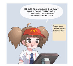 Rule 34 | 1girl, ahoge, border, brown eyes, brown hair, commentary, english text, highres, imadake dabuchi tabemi, logo, mcdonald&#039;s, necktie, nervous smile, open mouth, shirt, short sleeves, smile, solo, speech bubble, sweat, touchscreen, twintails, upper body, visor cap, white border, white shirt, yokappa (jokappa)