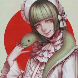 1girl artist_request green_eyes green_hair nail_polish original smile snake tagme