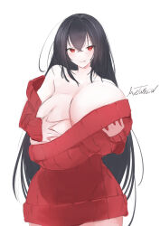 1girl artist_name azur_lane bare_shoulders black_hair blush breast_lift breasts cleavage collarbone cowboy_shot crossed_bangs deep_skin dress gigantic_breasts grabbing_own_breast hair_between_eyes highres huge_breasts licking_lips livetarica long_hair looking_at_viewer off-shoulder_sweater off_shoulder red_eyes red_sweater signature solo standing sweater sweater_dress taihou_(azur_lane) tongue tongue_out very_long_hair wide_hips
