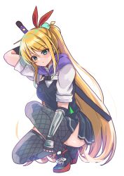 1girl absurdres blonde_hair breasts fishnets hair_ornament hair_stick harness heaven_burns_red highres kanzaki_adelheid long_hair ponytail puffy_short_sleeves puffy_sleeves ribbon shoes short_sleeves siromochino solo sword very_long_hair weapon