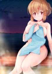 1girl absurdres alternate_hairstyle between_breasts blush breasts brown_eyes brown_hair covering_privates female_focus fur_hat hair_between_eyes hair_ornament hairclip hat highres kantai_collection komb large_breasts long_hair looking_at_viewer night night_sky nude nude_cover ocean onsen outdoors papakha sitting sky smile solo star_(symbol) steam tashkent_(kancolle) thighs towel water water_drop