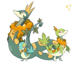 alternate_color alternate_design alternate_shiny_pokemon colored_skin evolutionary_line full_body gen_5_pokemon green_eyes green_skin highres leaf maple_leaf nintendo no_humans orange_skin pokemon pokemon_(creature) serperior servine simple_background slit_pupils snake snivy standing white_background wulie_errr yellow_skin