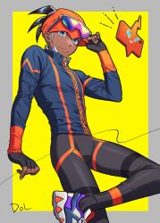 Rule 34 | 1boy, black gloves, black hair, black leggings, blue eyes, blue jacket, border, dark-skinned male, dark skin, dolustoy, earrings, fingerless gloves, gen 4 pokemon, gloves, grey border, headband, highres, jacket, jewelry, leggings, looking at viewer, male focus, multicolored footwear, nintendo, orange headband, pokemon, pokemon swsh, purple-tinted eyewear, raihan (pokemon), rotom, rotom phone, solo, stud earrings, tight clothes, tinted eyewear, two-tone background, yellow background, zipper, zipper pull tab