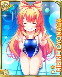 1girl bare_shoulders barefoot blue_one-piece_swimsuit bow card_(medium) character_name closed_eyes closed_mouth day fang girlfriend_(kari) green_eyes hair_bow indoor_pool indoors kneeling official_art one-piece_swimsuit orange_hair poolside qp:flapper smile swimsuit tagme tile_floor tiles toyonaga_hibiki v