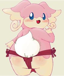 1girl :3 animal_ears arm_at_side ass audino blank_eyes blue_eyes blush body_fur clothed_pokemon creatures_(company) female_focus from_behind full_body fundoshi furry furry_female game_freak gen_5_pokemon green_background hand_up happy highres japanese_clothes looking_at_viewer looking_back motion_lines nintendo open_mouth pink_fur pokemon pokemon_(creature) red_fundoshi red_leopard simple_background smile solo standing tail tail_wagging two-tone_fur yellow_fur