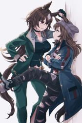 2girls animal_ears beanie black_choker black_gloves black_pants blue_jacket breasts brown_hair choker collared_jacket commentary_request denim dice dice_necklace ears_through_headwear fingerless_gloves from_side gloves green_jacket green_pants grey_headwear hair_between_eyes hat horse_ears horse_girl horse_tail jacket jeans kabedon large_breasts long_hair long_sleeves midriff multiple_girls nakayama_festa_(umamusume) namuko necklace open_clothes open_jacket pants parted_lips pendant_choker purple_eyes red_eyes red_shirt shirt shoes simple_background sirius_symboli_(umamusume) sneakers striped_clothes striped_shirt tail torn_clothes torn_jeans torn_pants umamusume very_long_hair white_background white_shirt
