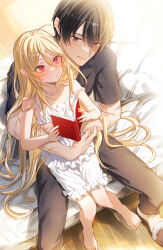 1boy 1girl absurdres age_difference age_regression aged_down angelica_rafa_redgrave antenna_hair arms_around_waist bare_arms bare_legs bare_shoulders barefoot bed bed_sheet bedroom black_eyes black_hair black_pants black_shirt black_shoes blonde_hair blush book breasts child collarbone commission couple dainatsu dress floor hair_behind_ear hair_between_eyes hetero highres holding holding_book hug hug_from_behind indoors leon_fou_bartford long_hair looking_at_another off_shoulder on_bed open_book otome_gee_sekai_wa_mob_ni_kibishii_sekai_desu pants pixiv_commission red_eyes shadow shirt shoes short_hair short_sleeves sitting sitting_on_lap sitting_on_person small_breasts smile spread_legs time_paradox toenails toes very_long_hair white_dress