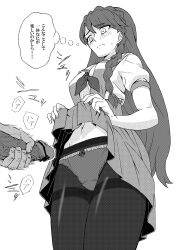 blush breasts clothes_lift digital_divide_shiwasu go!_princess_precure highres kaidou_minami looking_down mastubration medium_breasts monochrome noble_academy_school_uniform panties panties_under_pantyhose pantyhose penis precure simple_background skirt skirt_lift stroking_cock translation_request underwear