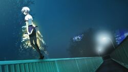 1girl 3d_background black_pantyhose blue_hair blue_panties chaos;head chaos;head_love_chu_chu! clothes_lift collared_shirt covered_kneepits floating_neckwear fluorescent_lamp game_cg kishimoto_ayase kneepits lamppost looking_to_the_side matsuo_yukihiro miniskirt necktie night night_sky non-web_source official_art on_railing panties panties_under_pantyhose pantyhose plaid_clothes plaid_necktie plaid_skirt plaid_sleeves purple_skirt railing school_uniform science_adventure shirt short_hair short_sleeves skirt skirt_lift sky solo standing_on_railing suimei_school_uniform suimei_summer_uniform underwear upskirt urban white_petticoat white_shirt wind wind_lift