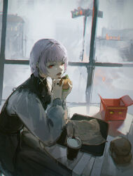1girl absurdres black_dress burger chainsaw_man cup disposable_cup dress dudrinm earrings fami_(chainsaw_man) food grey_hair highres holding holding_burger holding_food indoors jewelry long_sleeves mole mole_under_eye multiple_moles open_mouth red_eyes ring sitting solo table traffic_light tray window