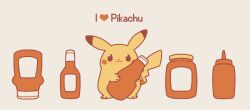 :3 animal_focus black_eyes bottle bright_pupils character_name full_body gen_1_pokemon grey_background holding holding_bottle i_heart... ketchup ketchup_bottle looking_at_viewer nintendo no_humans pikachu pokemon pokemon_(creature) satsumapotato simple_background standing white_pupils